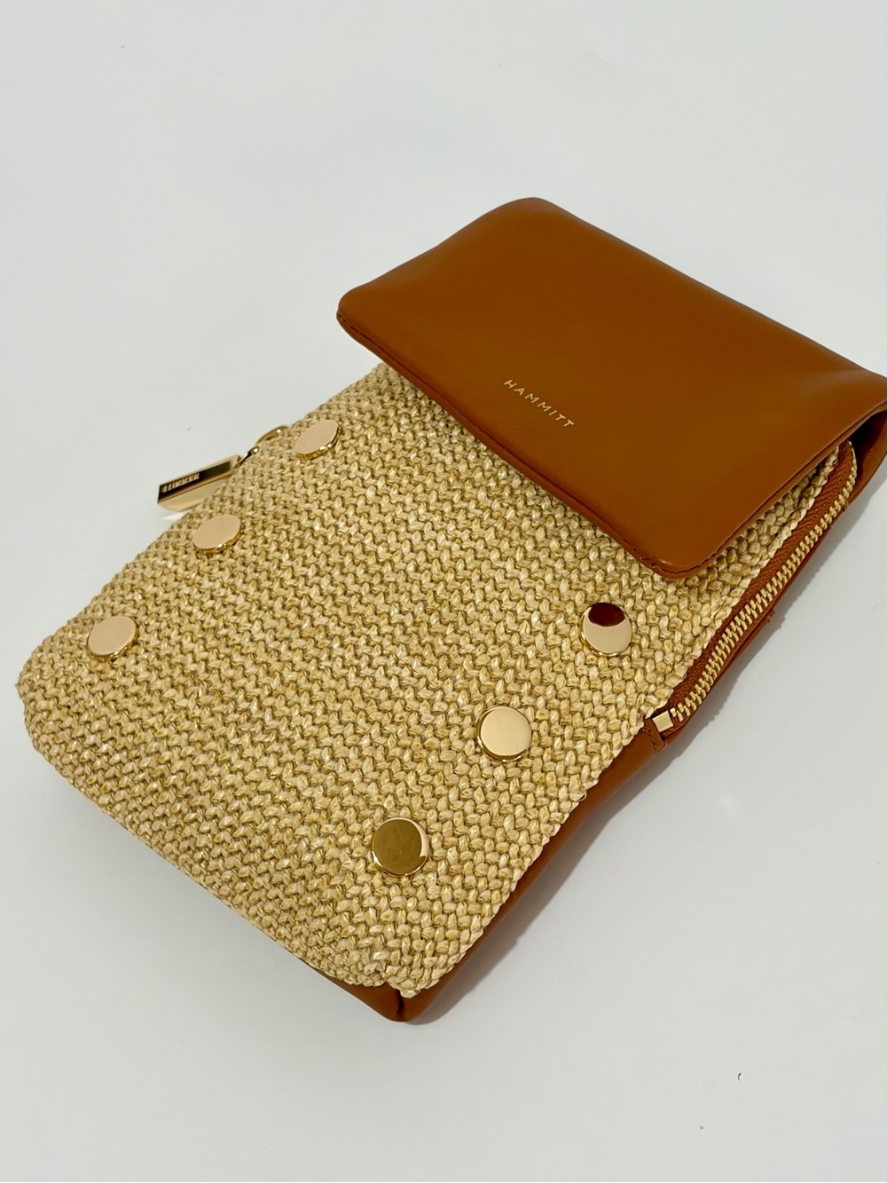 Hammitt VIP Mobile Crossbody Bag In Cocoa Raffia With Shiny Gold Hardware NWOT - Picture 12 of 15